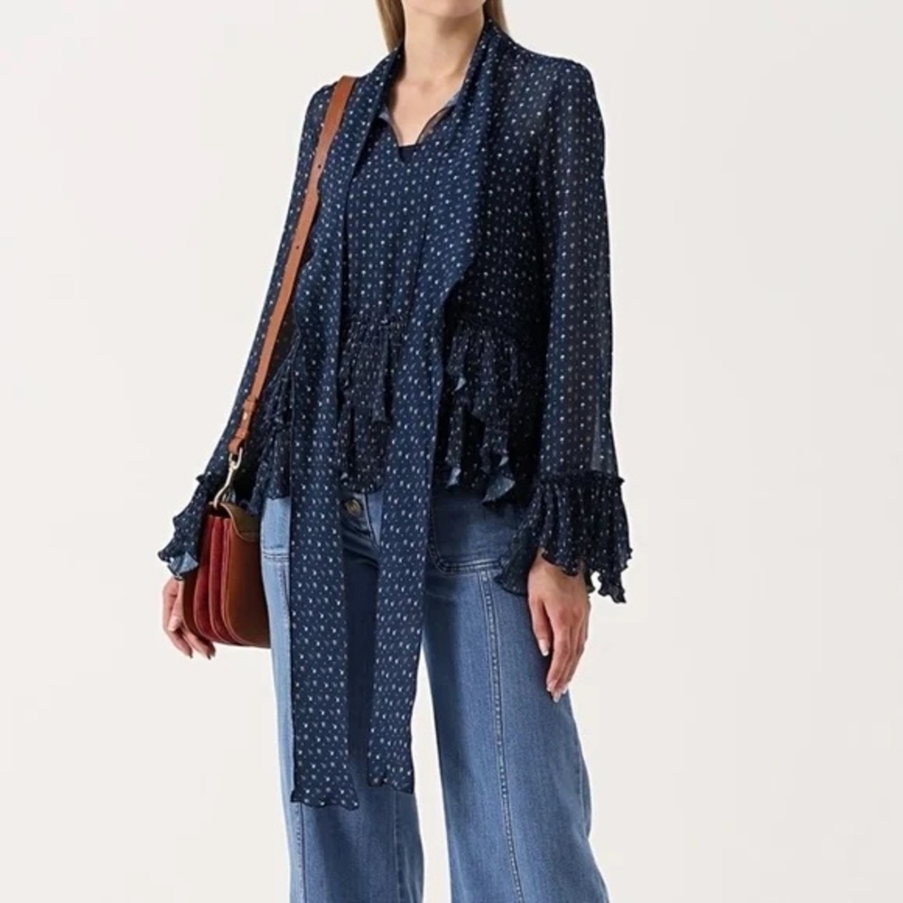 See by Chloé Navy Polka Dot Print Long Sleeve Blouse